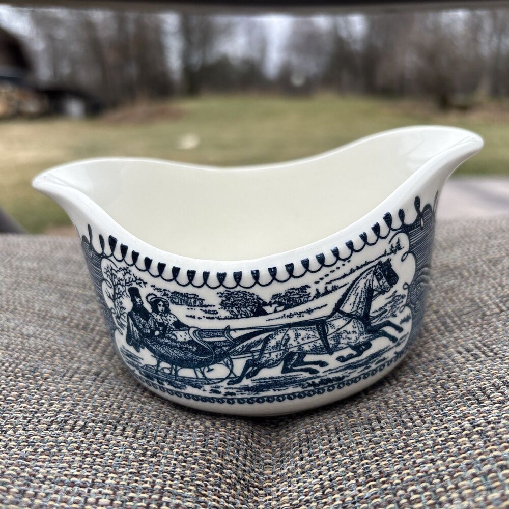 Vtg Currier & Ives Blue White Gravy Boat Classic Horse & Sleigh No Chips Cracks
